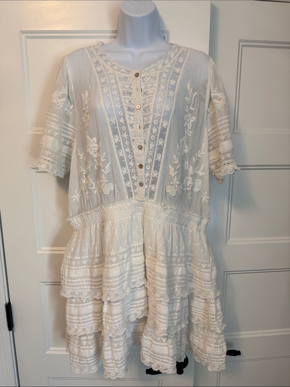 LoveShackFancy White Tiered Lace-Embroidered Mini Dress